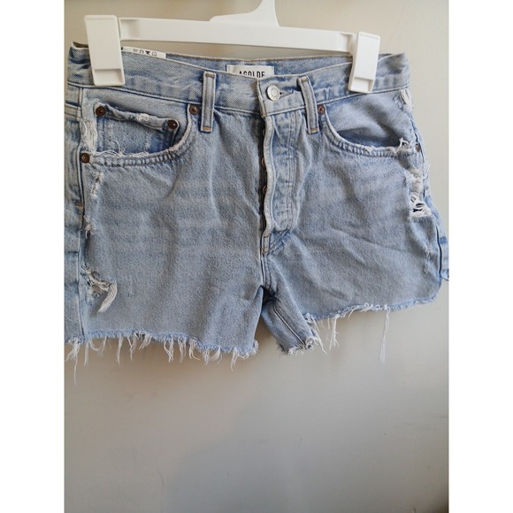 AGOLDE Parker Long Denim Shorts Size 25 Light Wash Distressed Rips - Picture 1 of 6